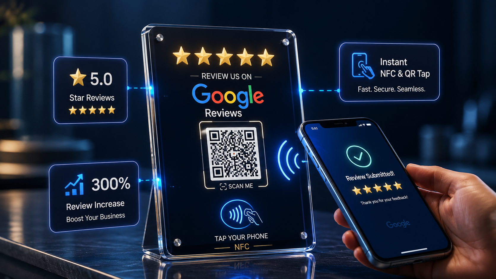 Rate Us Stand NFC QR Google Reviews Digital Dynamo